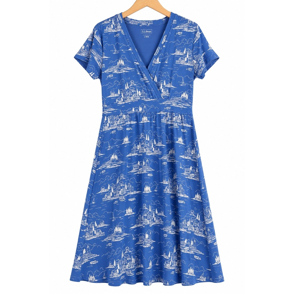 LL Bean Womens Blue Coastal Toile Lighthouse Print V-Neck Knit Dress Large Reg